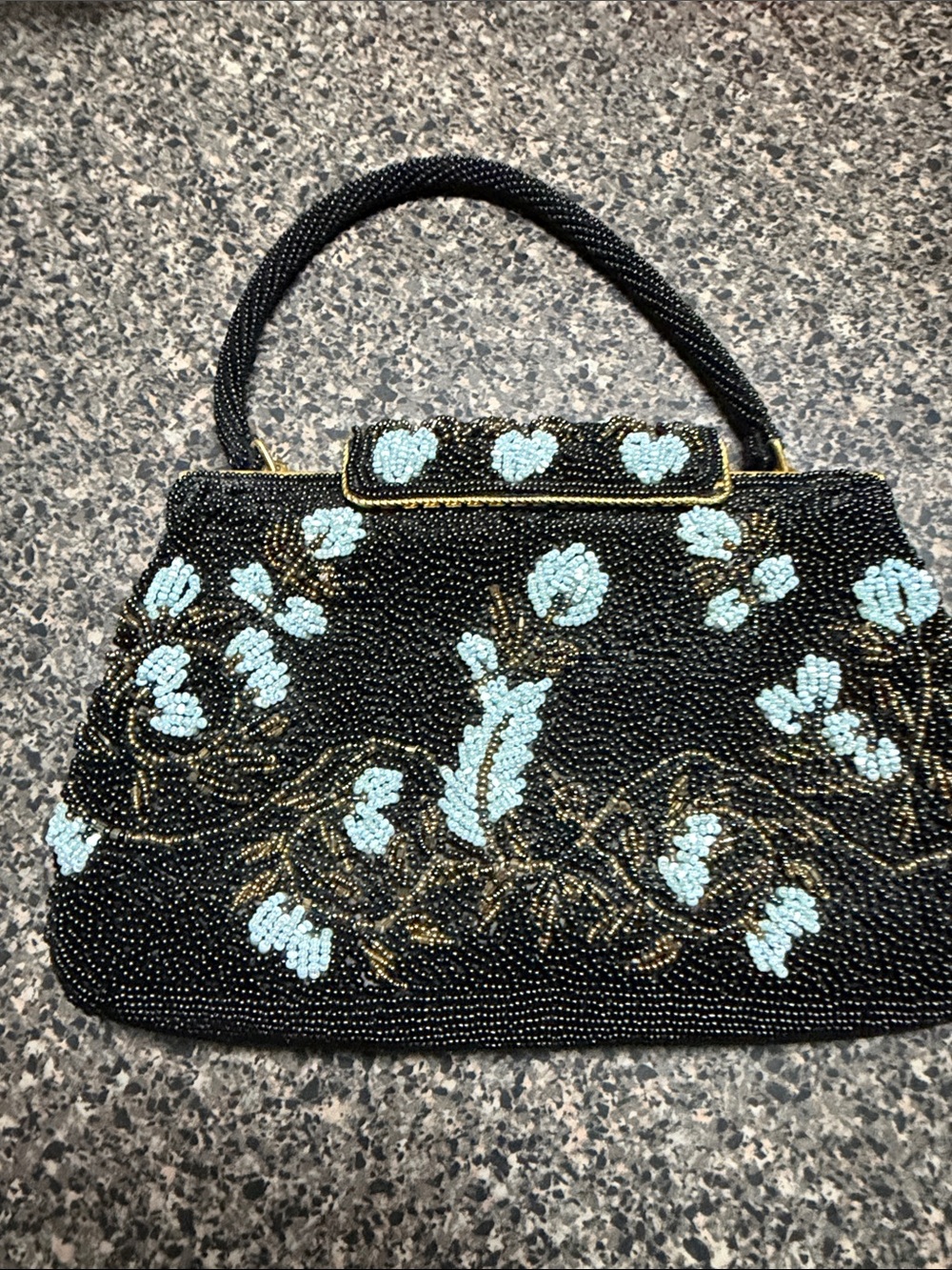 Black Beaded Floral Evening Clutch with Light Blue Accents
